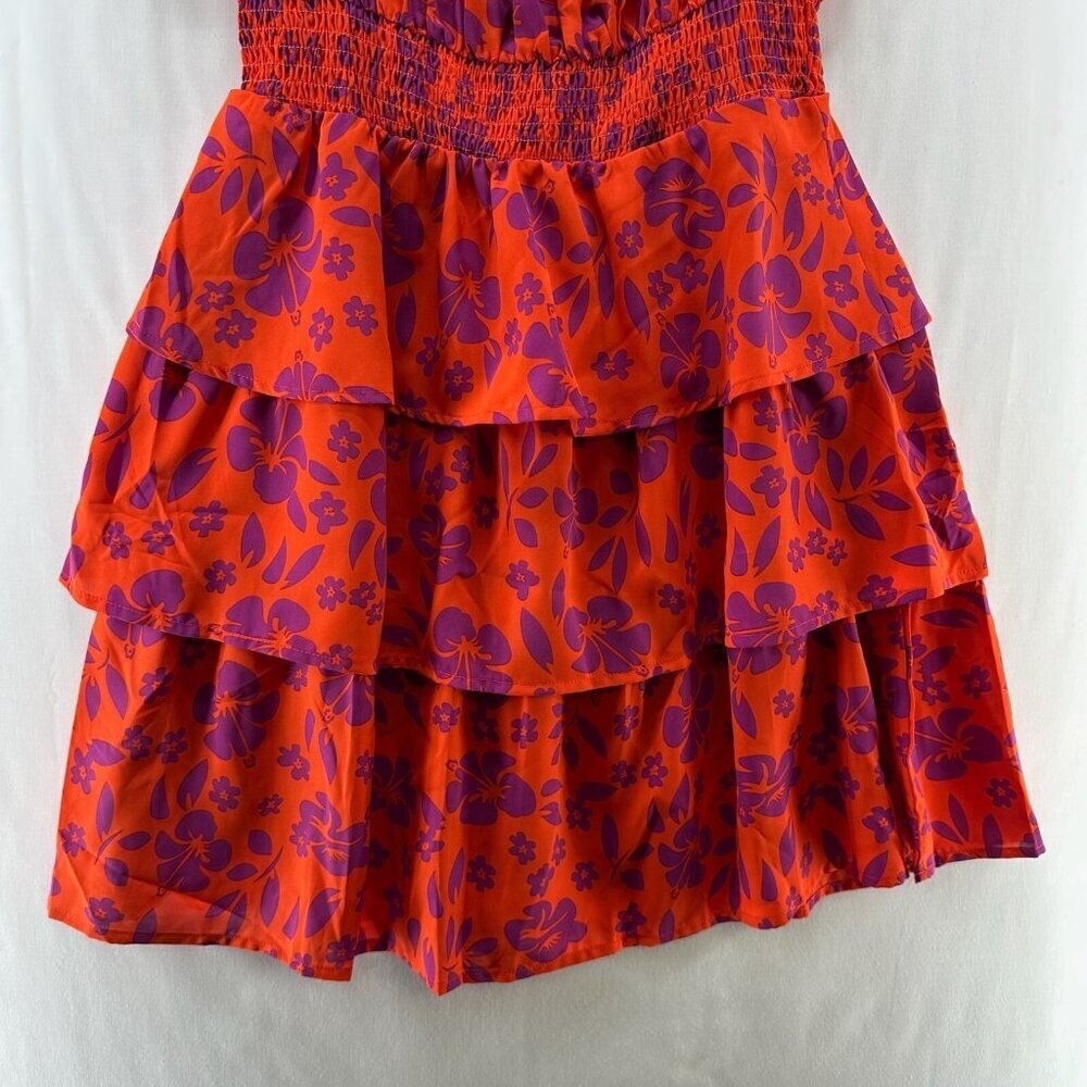 PRETTYGARDEN Dress Size M Peasant Sundress Floral Smocked Tiered Cap Sleeve Red - Picture 4 of 12